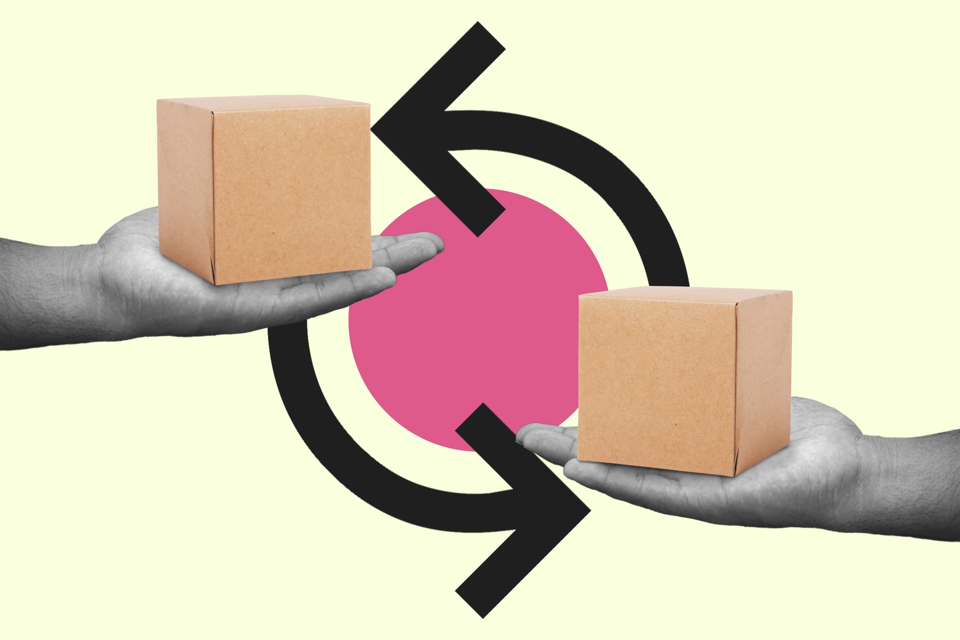 Flat collage concept of hands exchanging cardboard boxes with arrows, symbolizing trade, shipping, and logistics.