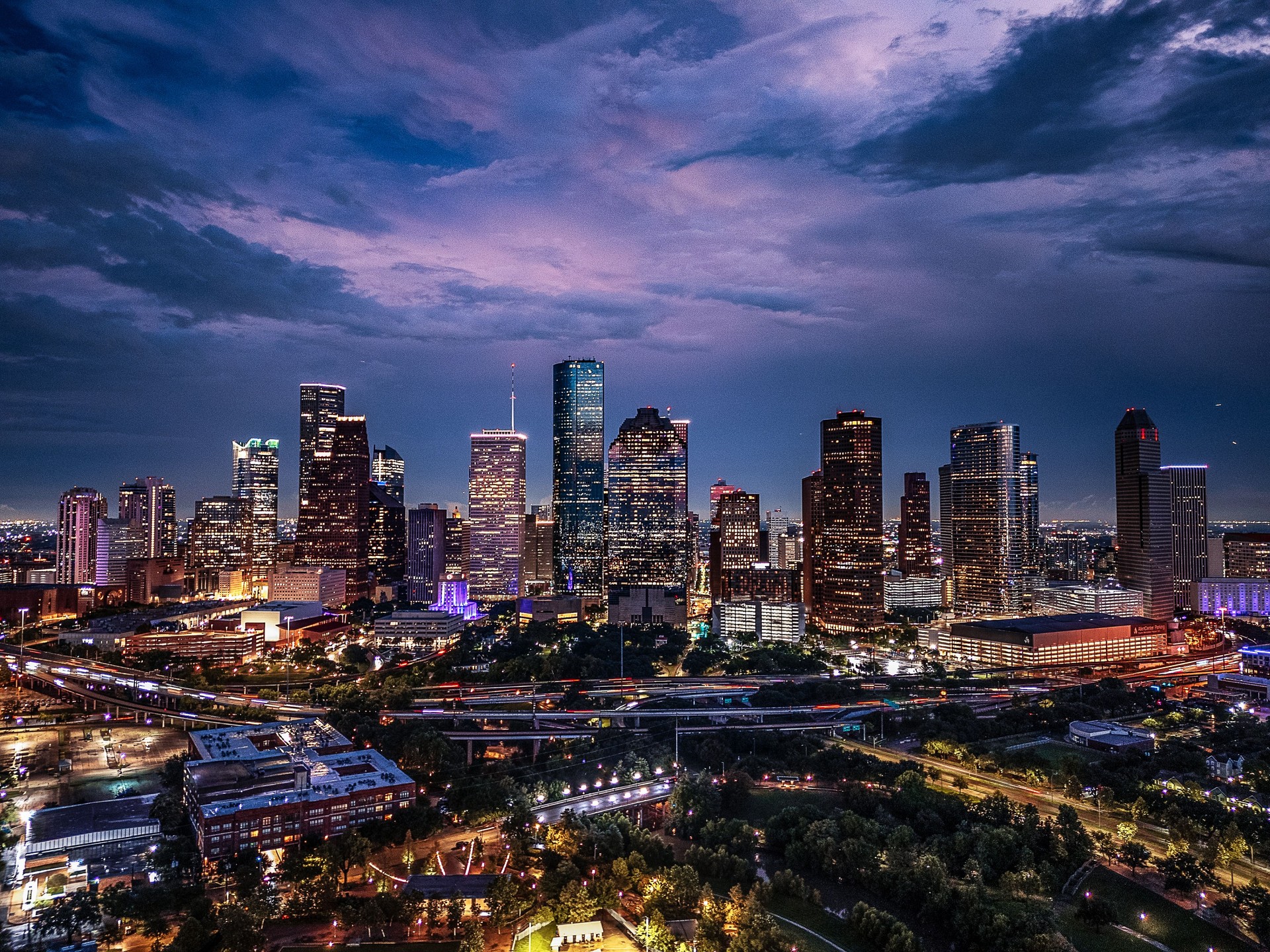 Aerial Drone Photo of Houston Texas Skyline at Twilight